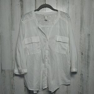 Chico's Size 3 (L) White Button Up Eyelet Top